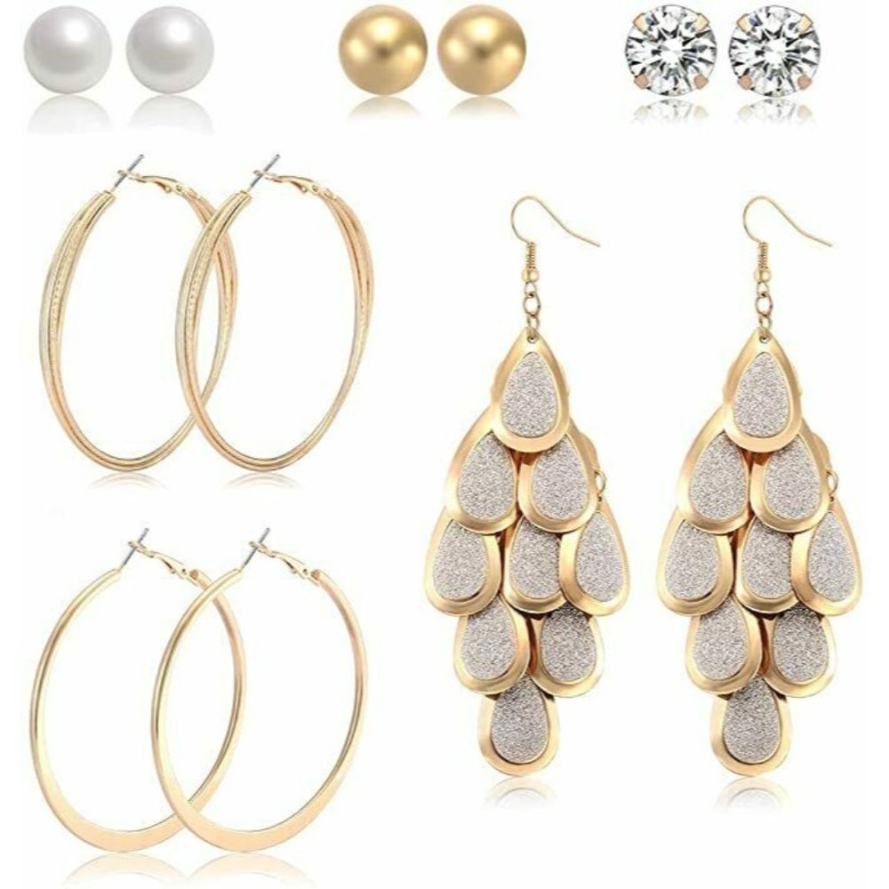 6 Pairs Hoop Dangle Drop Earrings Pearls Studs